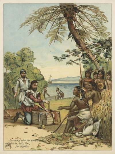 Colomb échangeant des marchandises avec les Amérindiens (chromolithographie) - Andrew Melrose